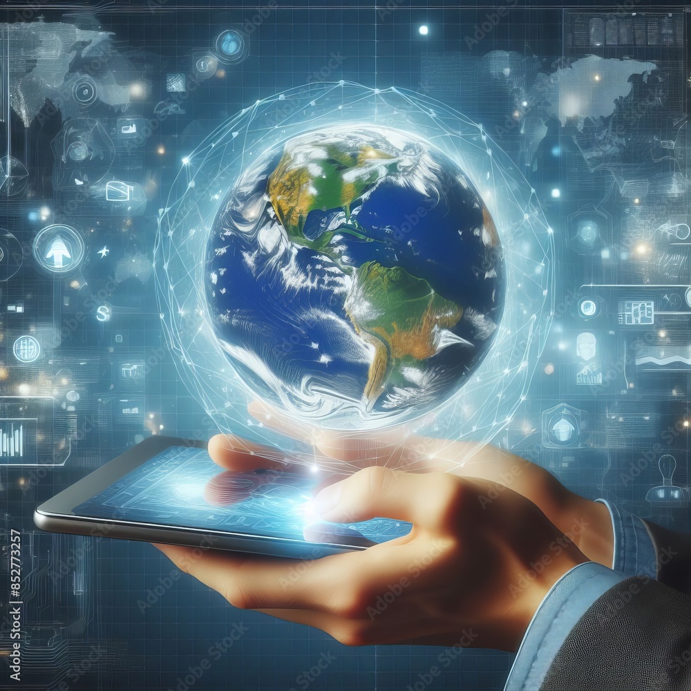 Poster a futuristic concept image depicting a hand holding a tablet with a holographic globe and digital ic
