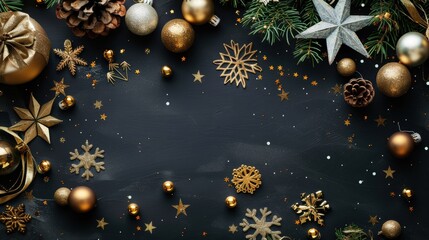 A close-up image of a flat lay featuring various Christmas decorations on a black background. The decorations include gold and silver ornaments, pinecones, snowflakes, stars, and a sprig of evergreen.