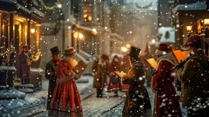 A group of Victorian carolers sing Christmas carols in a snowy town square. The scene is lit by street lamps and decorated with festive ornaments. Snowflakes fall softly as the carolers, dressed in th
