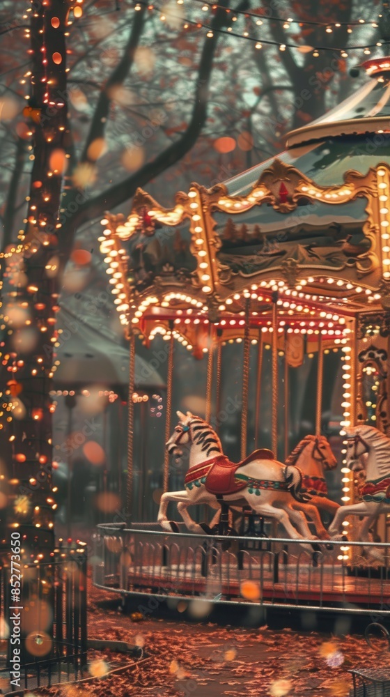 Aufkleber A classic carousel with ornate details is illuminated by twinkling lights and surrounded by autumn leaves on the ground. The carousel is situated in a park with trees in the background, also adorned w