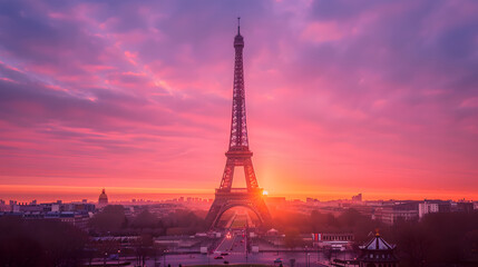 The iconic Eiffel Tower dominating the Paris skyline at sunset.