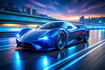 Sleek Blue Supercar Racing Through Neon City Streets at Night