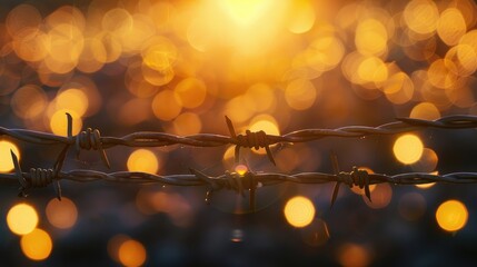 Human rights and social justice are symbolically represented by a blurred barbed wire rod fence illuminated by flickering candlelight against a backdrop of golden bokeh observed on Yom HaSh