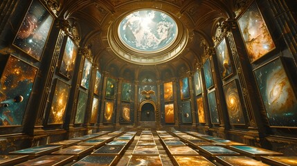 Fototapeta premium Ornate Celestial Observatory with Gypsy Tarot Cards Arranged Within Domed Interior