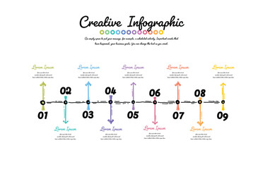 Hand drawn infographic. 9 steps with text boxes can be used for timeline. Diagram for workflow. Can be used for workflow layout, process diagram, flow chart.