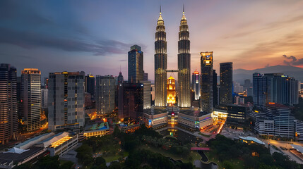 Obraz premium The impressive skyline of Kuala Lumpur at twilight featuring the iconic Petronas Twin Towers.