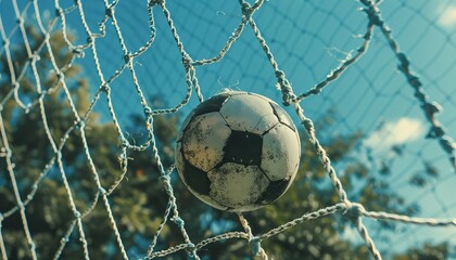 Soccer ball scored in the goal with a powerful kick to secure a point in the match