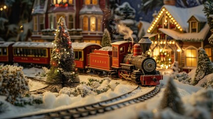 A model train decorated for Christmas travels through a miniature village covered in snow. The train is red and black with a steam engine and multiple passenger cars. The village is lit up with Christ