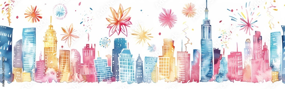 Aufkleber a watercolor illustration depicting a cityscape skyline at night with fireworks exploding in the sky
