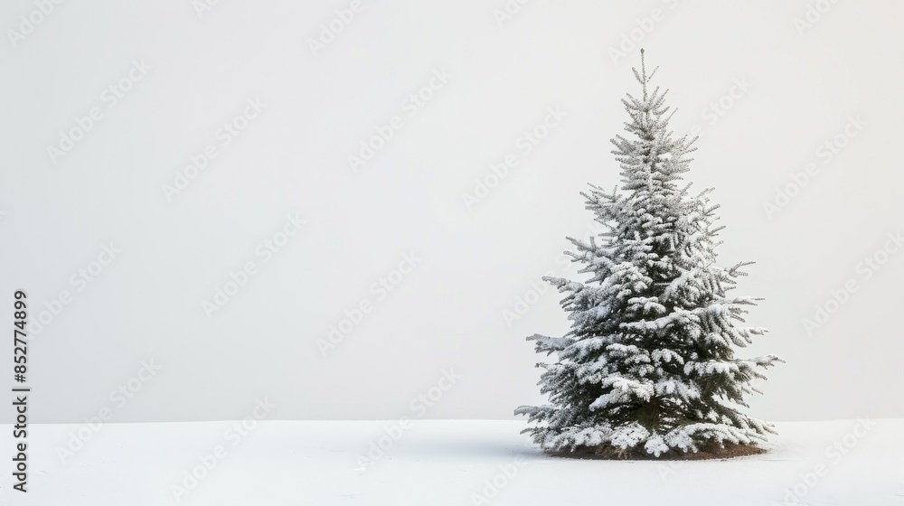 Poster a single, snow-covered pine tree stands tall against a white, winter background. the trees branches 