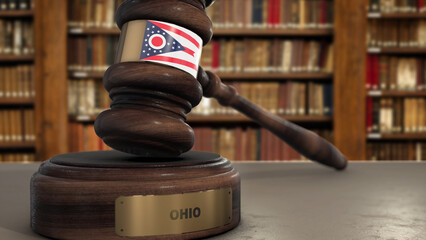 Ohio Flag on Judge Gavel or Hammer in Court with State Name. Legal System 3D Illustration