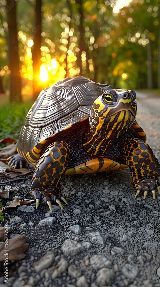 Poster a friendly turtle with a patterned shell and a slow steady pace walking along a natural wooded path 