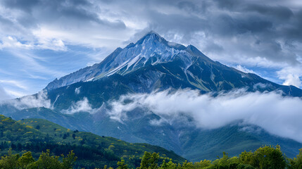 Fototapeta premium The majestic Mount Olympus towering above a lush landscape with clouds swirling around its peak.