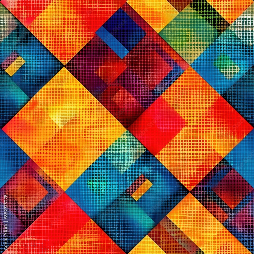 Aufkleber This image features a seamless pattern of colorful squares with a textured, dotted background. The squares are arranged in a diagonal pattern, with each square overlapping the next. The colors are vib
