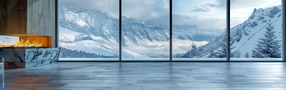 Aufkleber a large window overlooking a snowy mountain range. the view is breathtaking and serene, with the mou