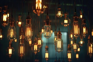Obraz premium Decorative antique pendant light bulbs. A lot of not particularly bright lamps against a dark background.