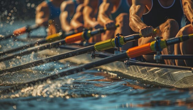 Synchronized rowers showcase flawless hand grip coordination in olympic rowing sport