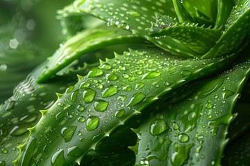 Obraz premium Close up of vibrant aloe vera leaves with dew drops, exuding freshness and natural beauty