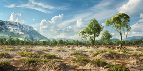 18. 3D banner showing an ecosystem restoration project with trees being planted on a barren landscape