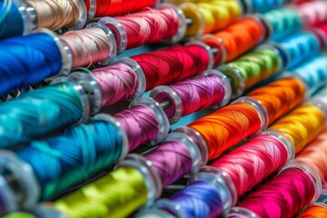 Colorful cotton threads on bobbins for sewing with intricate embroidery patterns