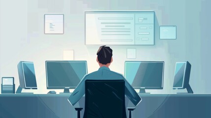 System administrator day, network administrator online monitors the operation of servers. Back view. Horizontal banner. Network Technologies Concept. Flat illustration