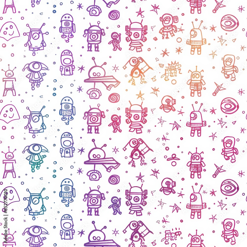 Poster A seamless pattern featuring hand-drawn robots and spacecraft in various colors of the rainbow. The pattern is set against a white background and includes additional details like stars and other space