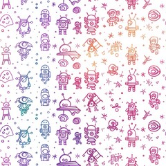 A seamless pattern featuring hand-drawn robots and spacecraft in various colors of the rainbow. The pattern is set against a white background and includes additional details like stars and other space