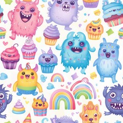 Fototapeta premium A cheerful and colorful cartoon pattern featuring various happy monsters, cupcakes, rainbows, and hearts. The design is perfect for kids clothing, home decor, or digital projects.