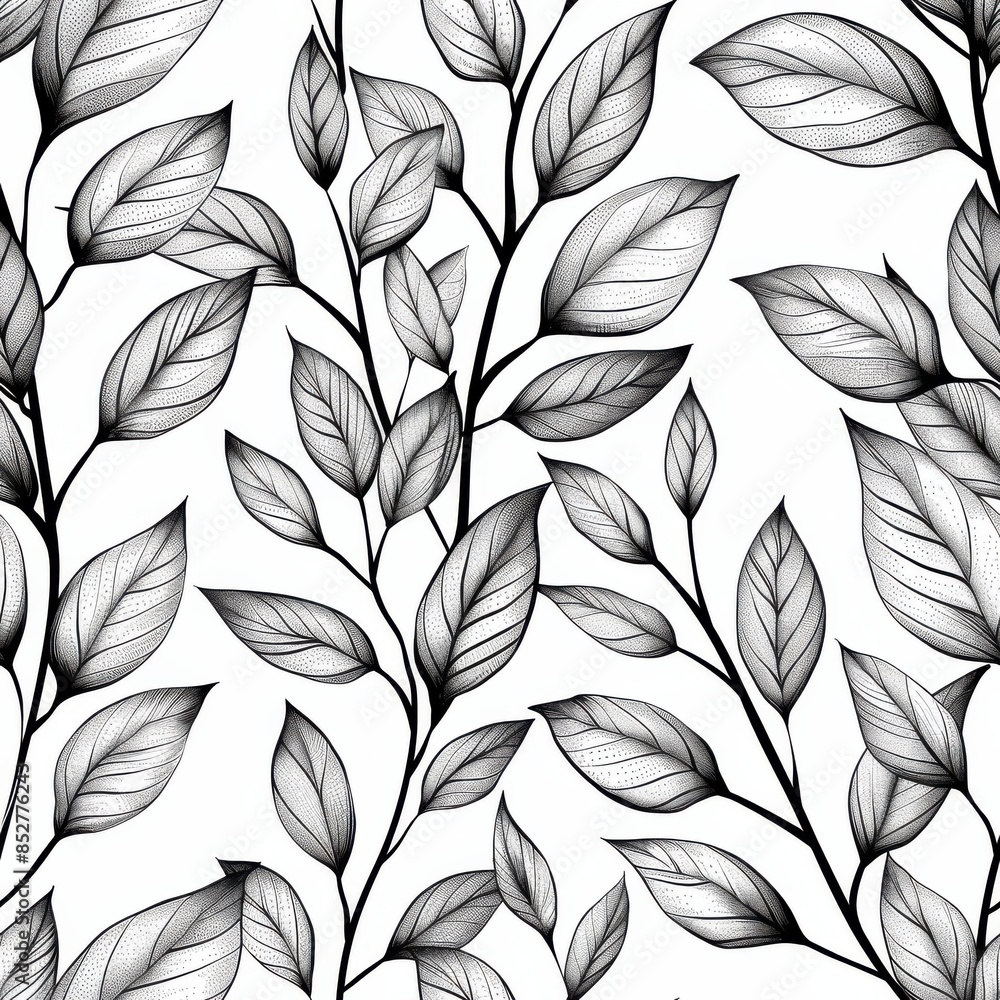 Poster This image is a seamless pattern of black and white line-drawn leaf illustrations. The leaves are detailed with veins and have a slightly transparent look. The pattern is ideal for use in various desi