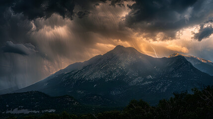 The mythical home of the Greek gods Mount Olympus enveloped in a dramatic thunderstorm.
