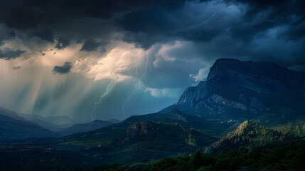 The mythical home of the Greek gods Mount Olympus enveloped in a dramatic thunderstorm.