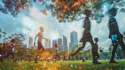 The image shows a group of people running through a city park. The silhouettes of the people are overlaid with digital patterns and data, suggesting a connection between technology and nature. The bac