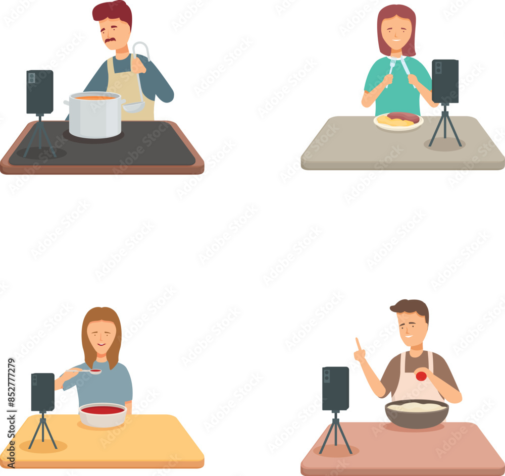 Poster group of podcasters using various recording equipment to create digital audio content for their onli