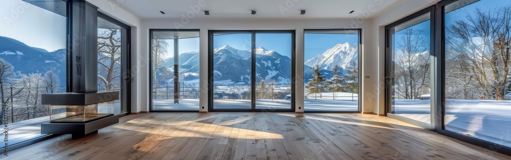 Poster a large open living room with a fireplace and a view of the mountains. the room is empty and has a v