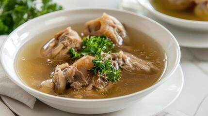 Chicken broth with meat and bones in a white bowl