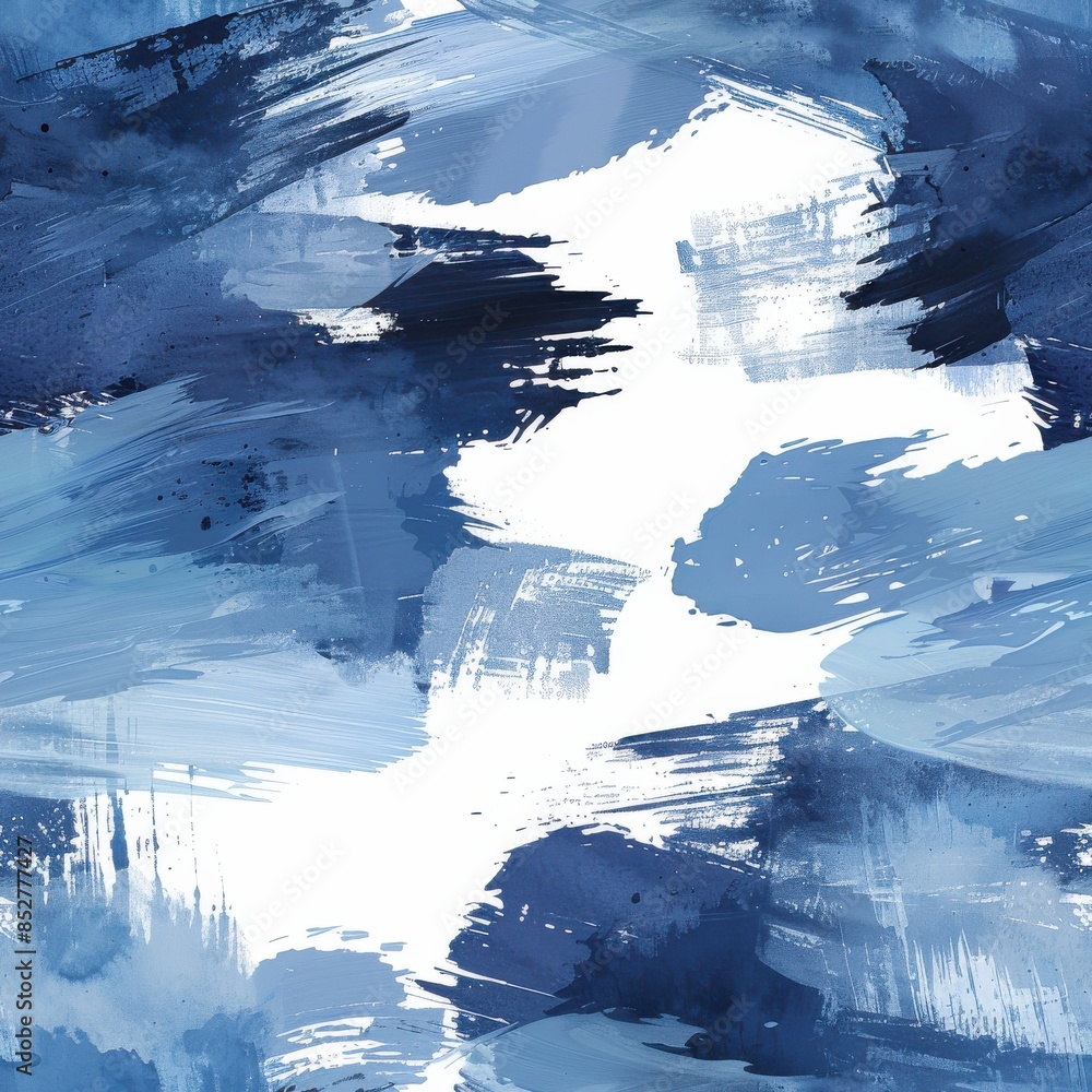 Poster A seamless pattern featuring abstract brushstrokes in shades of blue and white. The brushstrokes are applied in a random, overlapping manner, creating a dynamic and textural effect. The background is 