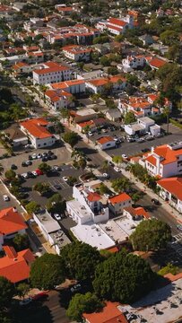 Splendid view of Santa Barbara architecture. Beautiful dwellings in the greenery and neat streets from aerial perspective. Vertical video