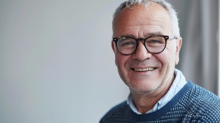 Fototapeta premium Portrait of a smiling elderly man with glasses and sweater, isolated on light background. Captivating and warm look of a senior gentleman. Ideal for lifestyle and advertisement purposes. AI
