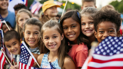 Children with American flags at the American Independence Day parade on July 4th