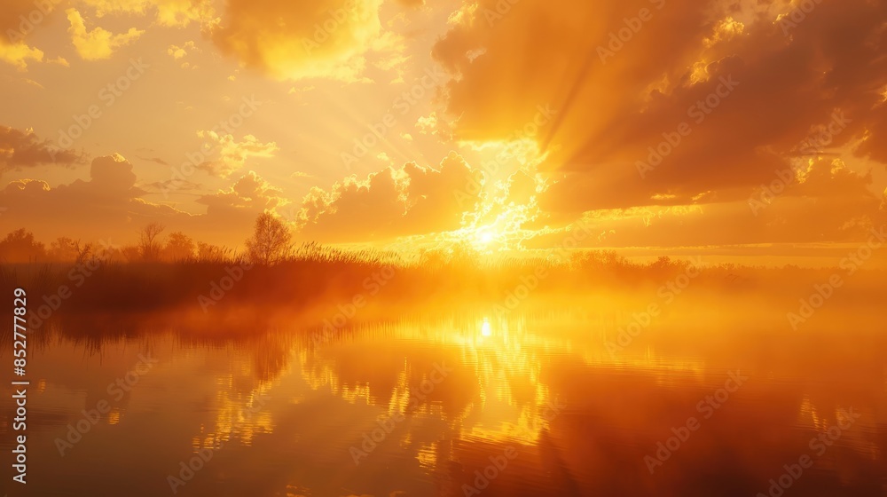 Wall mural In 2022 the evening sky is awash with its natural palette heralding the dawn of a fresh day in heavenly hues The enigmatic light descending from above during twilight creates a golden ambia