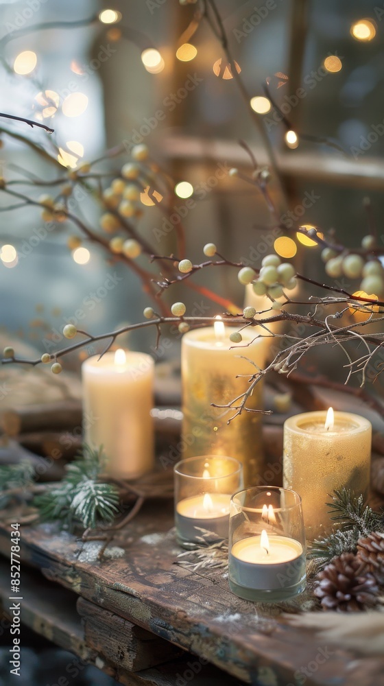 Poster A warm and inviting image of four candles burning brightly on a rustic wooden table, surrounded by sprigs of greenery and delicate fairy lights. The warm glow of the candles creates a cozy and romanti