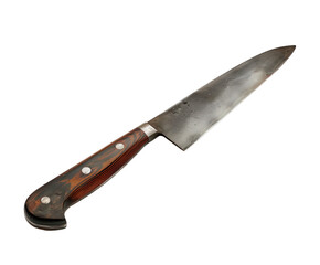 Traditional chef knife with a wooden handle and metal rivets, png, displayed on trapsnarent background