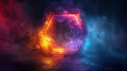 Fototapeta premium Volumetric pentagons with inner gradients, vibrant neon colors, dark background, digital art, high contrast, geometric precision, modern design, artistic composition, dynamic and lively.
