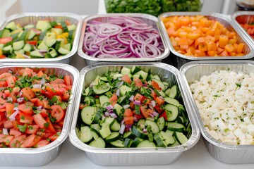 A photo of several aluminum containers filled with colorful salad ingredients like cucumber, onion and feta cheese on a white table top.
