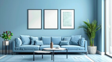 Modern minimalist living room with blue sofa and light decor. Cozy space with large windows and indoor plants. Perfect for home decor inspiration or design projects. AI