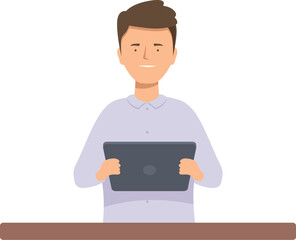 Young man in smart casual clothing sitting at a desk holding a tablet computer