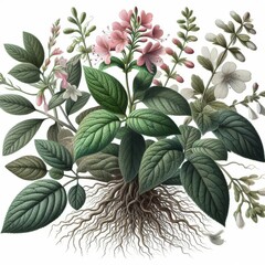 Obraz premium Detailed botanical illustration depicting a flowering plant with lush green leaves and delicate roots exposed. The intricate details emphasize natural beauty and scientific accuracy, ideal for