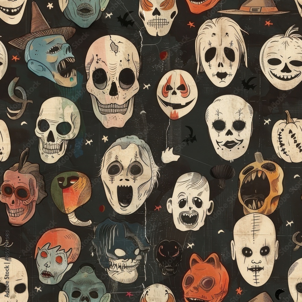 Poster A digital illustration of a repeating pattern featuring a variety of colorful Halloween masks and skulls on a black background. The masks and skulls are drawn in a vintage style with intricate details