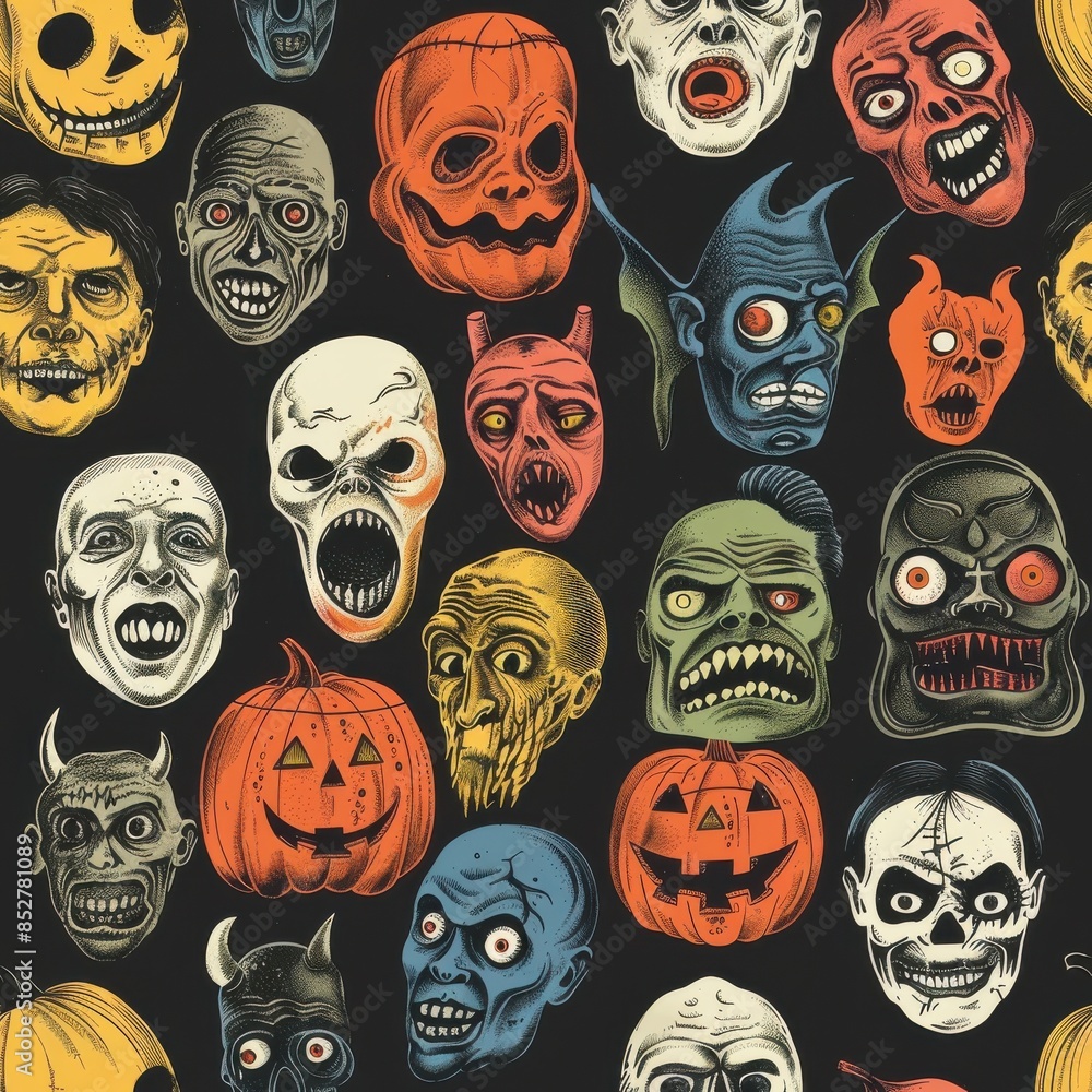 Poster This image features a vintage Halloween-themed pattern with a dark background. The pattern is made up of various colorful monster and pumpkin faces, all illustrated in a retro style.