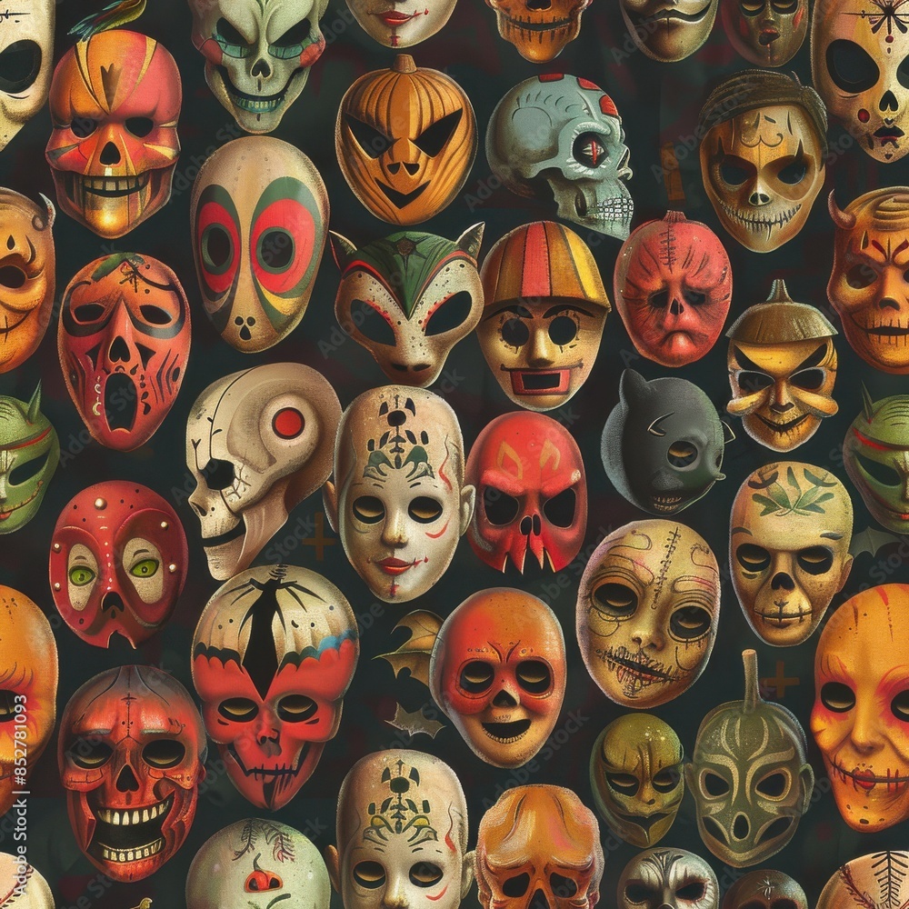 Aufkleber This image showcases a vibrant pattern of Halloween masks, each with its own unique design and expression. The masks are painted in a variety of colors, including red, orange, yellow, green, blue, and